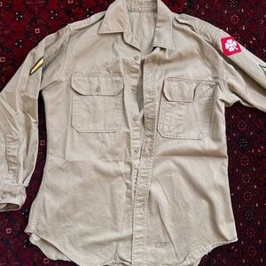 Vintage US Army Patched Khaki Cotton Uniform Shirt Size 15 1/2 x 32